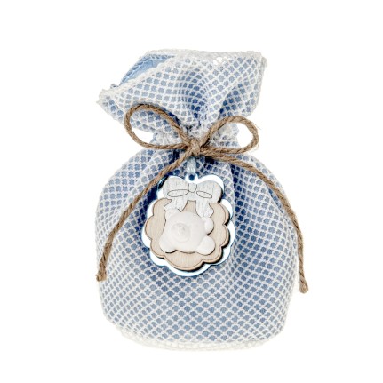 Sacchetto porta confetti pouf con applicazione orsetto azzurro
