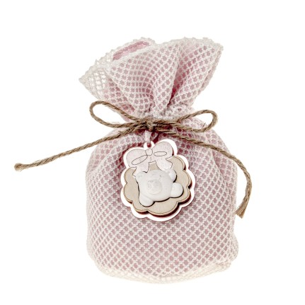 Sacchetto porta confetti pouf con applicazione orsetto rosa