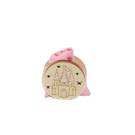 Scatola porta confetti Castello in legno con sacchetto rosa