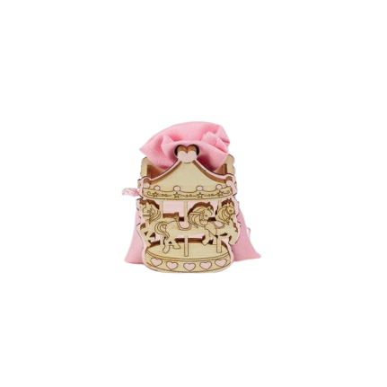 Scatola porta confetti Carosello in legno con sacchetto rosa