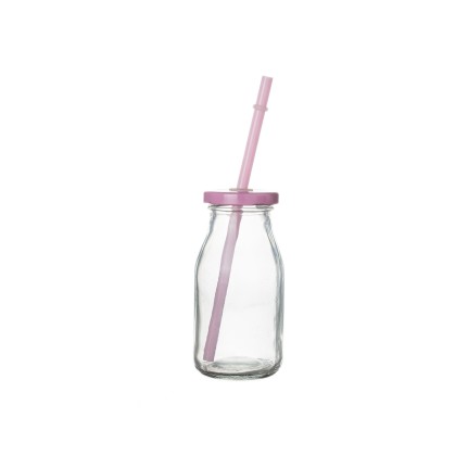 Bottiglia in vetro con tappo e cannuccia rosa