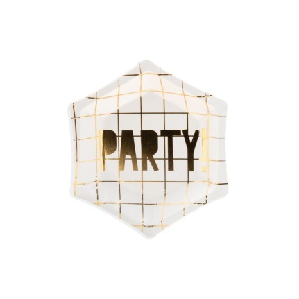 Piatto di carta bianchi con scritta dorata Party - 6 pezzi