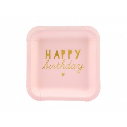 Piatti di carta rosa chiaro con scritta Happy Birthday in