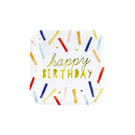 Piatti di carta con scritta Happy Birthday colori mix
