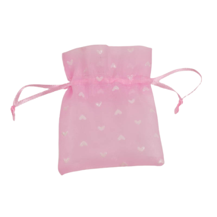 Sacchetto organza rosa con cuori bianchi