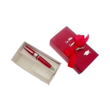 Penna laurea rossa con scatola porta confetti