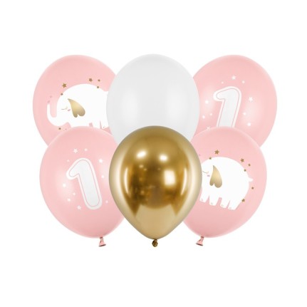Set di sei palloncini rosa Uno con elefante 30 cm