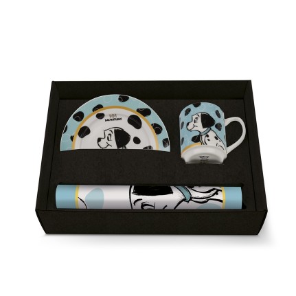 Un set regalo tovaglietta + piatto + mug celeste ispirato alla Carica dei 101 Disney.