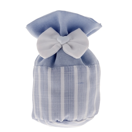Sacchetto Pouf porta confetti azzurro con righe e fiocco con applicazione cuore