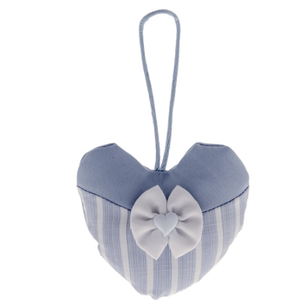 Sacchetto Cuore porta confetti azzurro con righe e fiocco con applicazione cuore