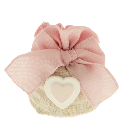 Sacchetto porta confetti con base tonda applicazione cuore e fiocco rosa